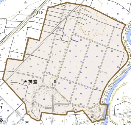 大字天神堂とその周辺の地図。町の範囲を重ねている