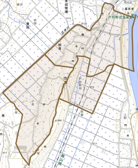 大字照里とその周辺の地図。町の範囲を重ねている