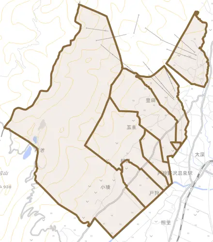 大字豊田とその周辺の地図。町の範囲を重ねている