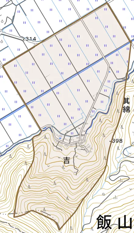 大字吉とその周辺の地図。町の範囲を重ねている