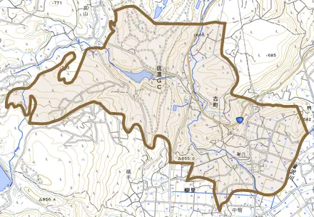 大字古町とその周辺の地図。町の範囲を重ねている
