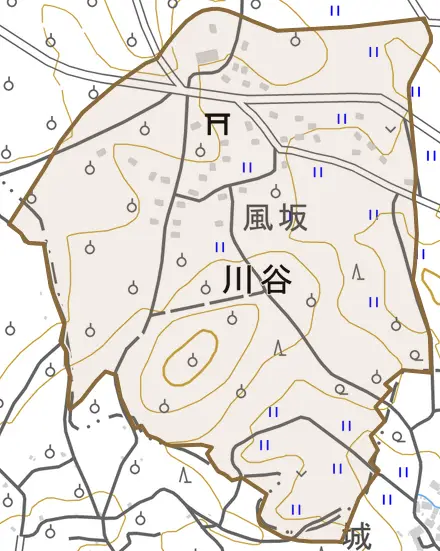 大字川谷とその周辺の地図。町の範囲を重ねている
