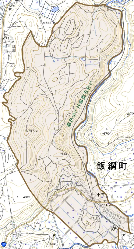 大字小玉とその周辺の地図。町の範囲を重ねている