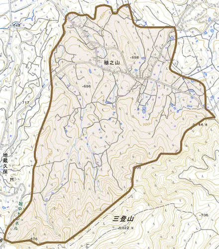 大字袖之山とその周辺の地図。町の範囲を重ねている
