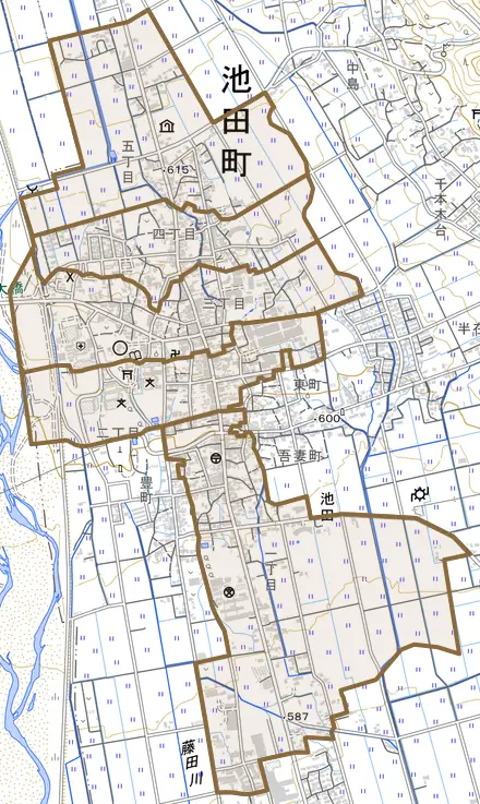 大字池田とその周辺の地図。町の範囲を重ねている