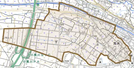 荒井とその周辺の地図。町の範囲を重ねている