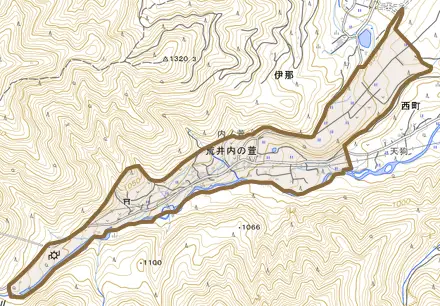 荒井内の萱とその周辺の地図。町の範囲を重ねている
