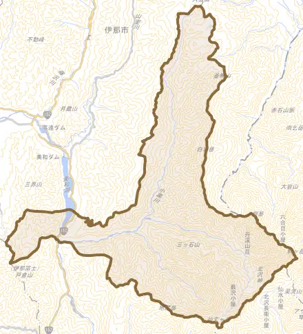 長谷黒河内とその周辺の地図。町の範囲を重ねている