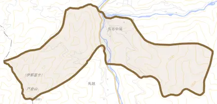 長谷中尾とその周辺の地図。町の範囲を重ねている