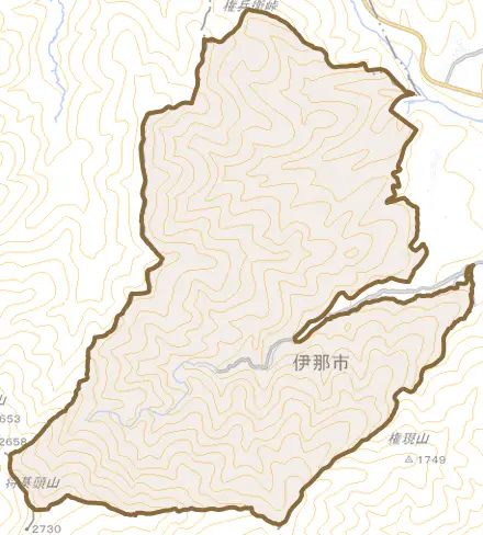 伊那とその周辺の地図。町の範囲を重ねている
