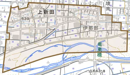 上新田とその周辺の地図。町の範囲を重ねている