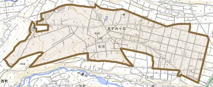 ますみヶ丘とその周辺の地図。町の範囲を重ねている
