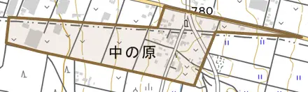 中の原とその周辺の地図。町の範囲を重ねている