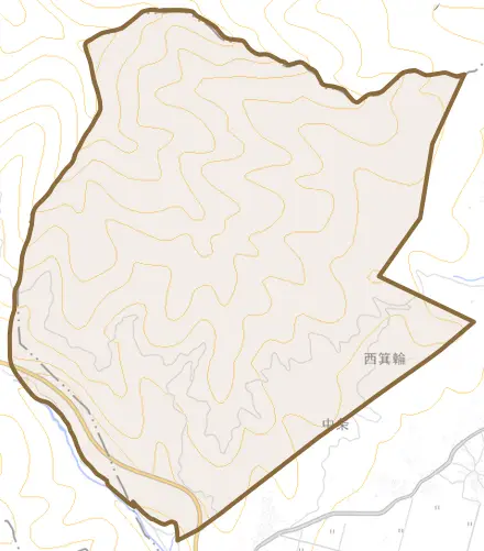 西箕輪とその周辺の地図。町の範囲を重ねている