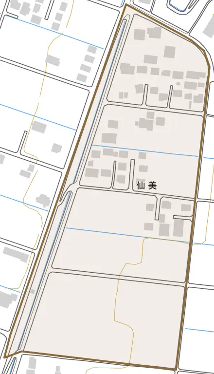 仙美とその周辺の地図。町の範囲を重ねている