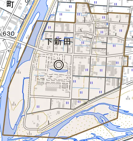 下新田とその周辺の地図。町の範囲を重ねている