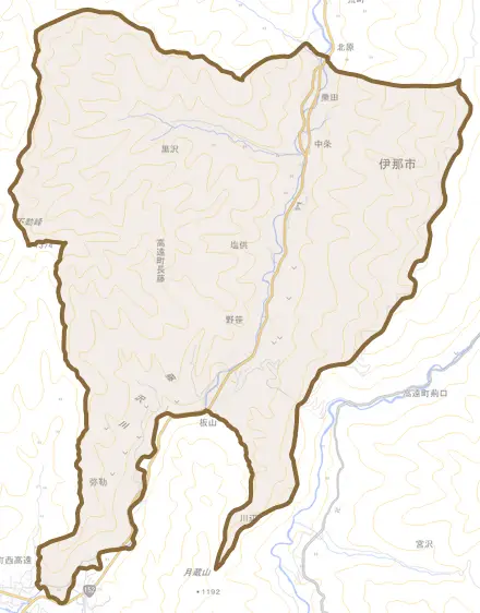 高遠町長藤とその周辺の地図。町の範囲を重ねている
