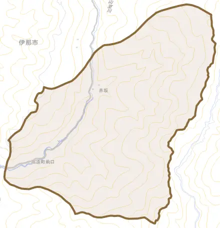 高遠町荊口とその周辺の地図。町の範囲を重ねている