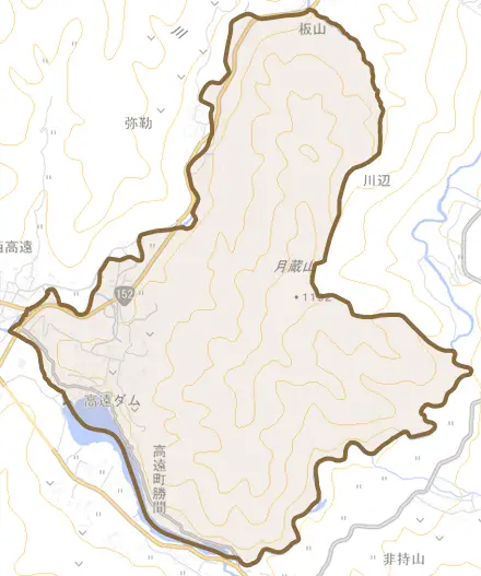 高遠町東高遠とその周辺の地図。町の範囲を重ねている