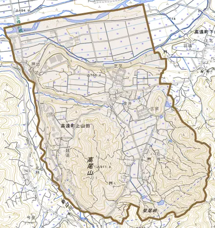 高遠町上山田とその周辺の地図。町の範囲を重ねている