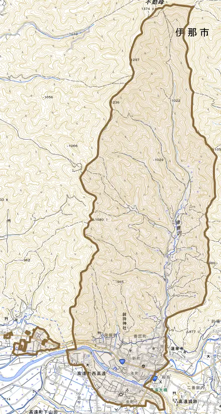 高遠町西高遠とその周辺の地図。町の範囲を重ねている
