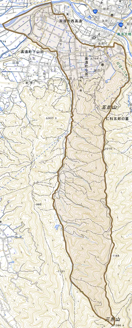 高遠町小原とその周辺の地図。町の範囲を重ねている