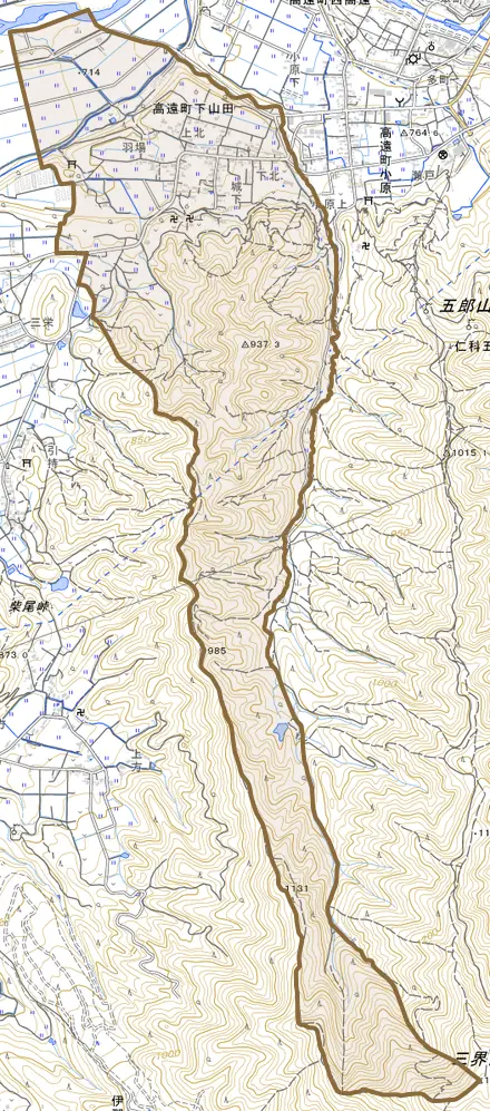 高遠町下山田とその周辺の地図。町の範囲を重ねている