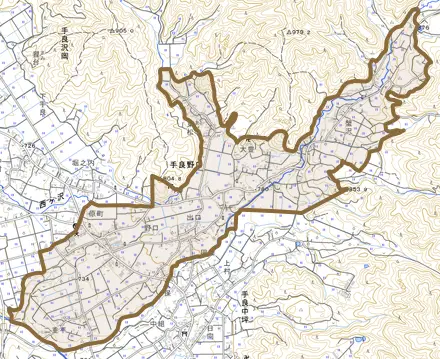 手良野口とその周辺の地図。町の範囲を重ねている