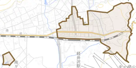 軽井沢東とその周辺の地図。町の範囲を重ねている