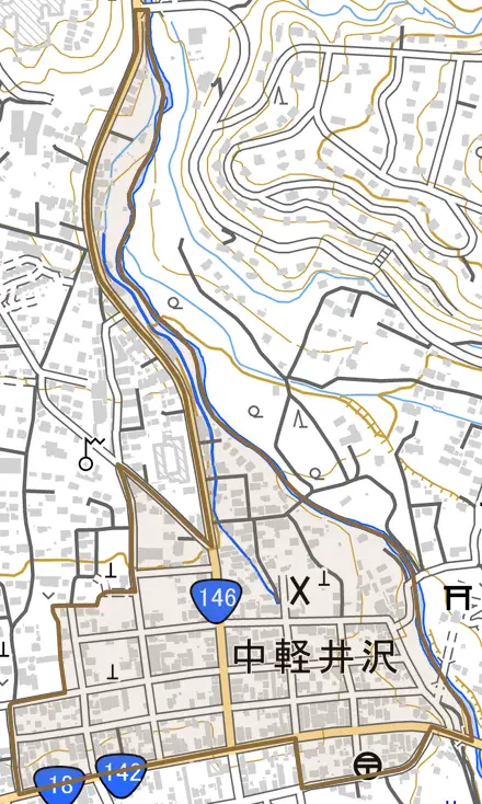 中軽井沢とその周辺の地図。町の範囲を重ねている