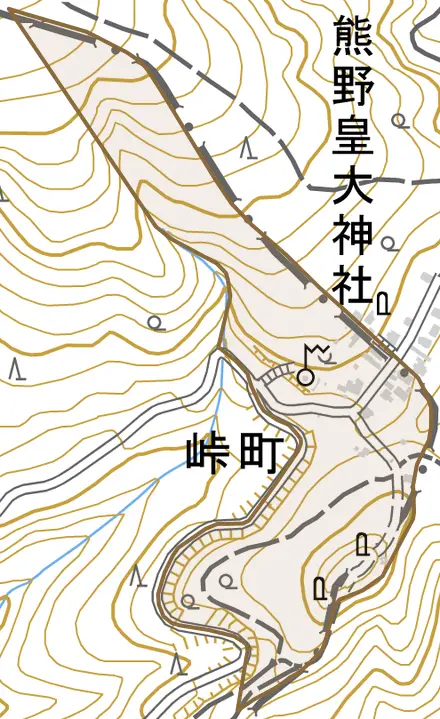 大字峠町とその周辺の地図。町の範囲を重ねている
