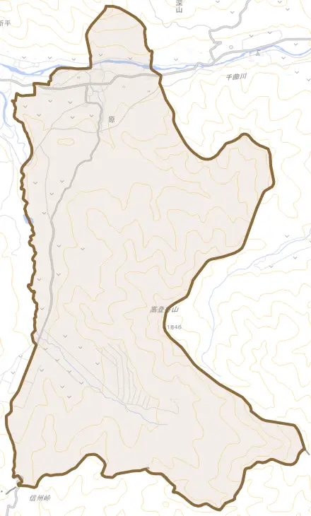 大字原とその周辺の地図。町の範囲を重ねている