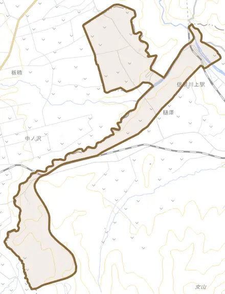 大字樋沢とその周辺の地図。町の範囲を重ねている