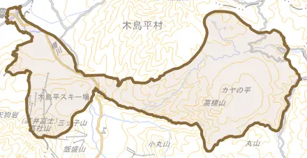 大字上木島とその周辺の地図。町の範囲を重ねている