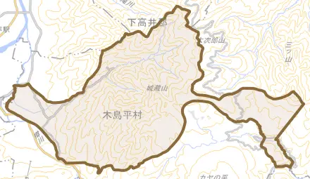 大字往郷とその周辺の地図。町の範囲を重ねている