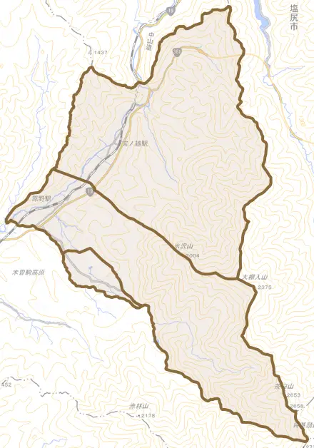 日義とその周辺の地図。町の範囲を重ねている