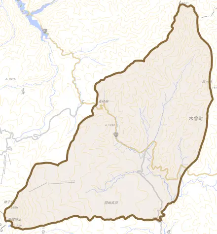 開田高原西野とその周辺の地図。町の範囲を重ねている
