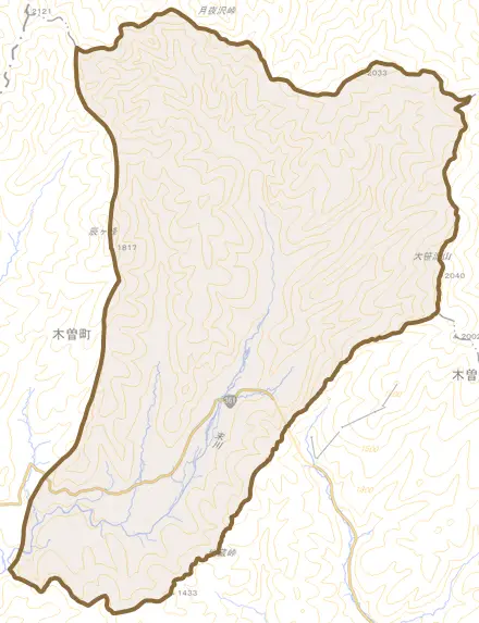開田高原末川とその周辺の地図。町の範囲を重ねている