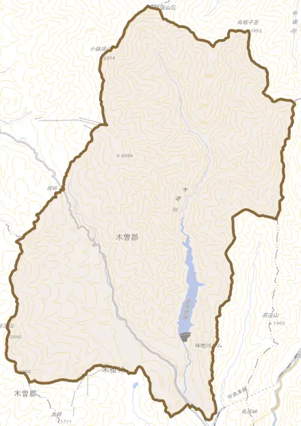 大字小木曽とその周辺の地図。町の範囲を重ねている