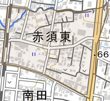 赤須東とその周辺の地図。町の範囲を重ねている