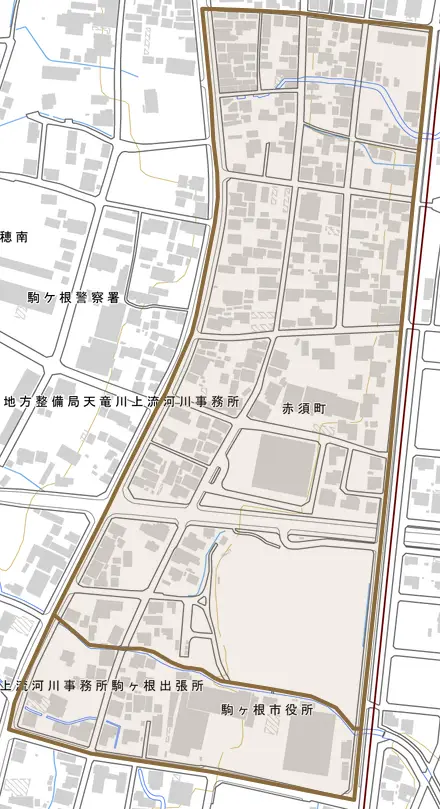 赤須町とその周辺の地図。町の範囲を重ねている