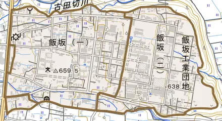 飯坂とその周辺の地図。町の範囲を重ねている