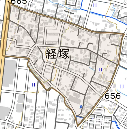 経塚とその周辺の地図。町の範囲を重ねている