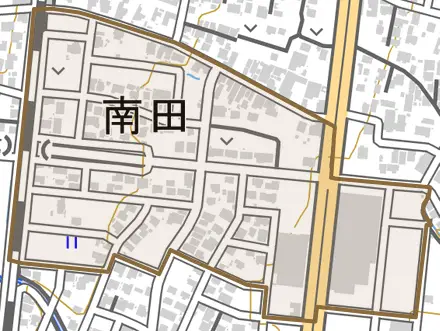 南田とその周辺の地図。町の範囲を重ねている