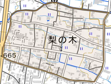 梨の木とその周辺の地図。町の範囲を重ねている