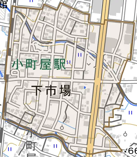 下市場とその周辺の地図。町の範囲を重ねている