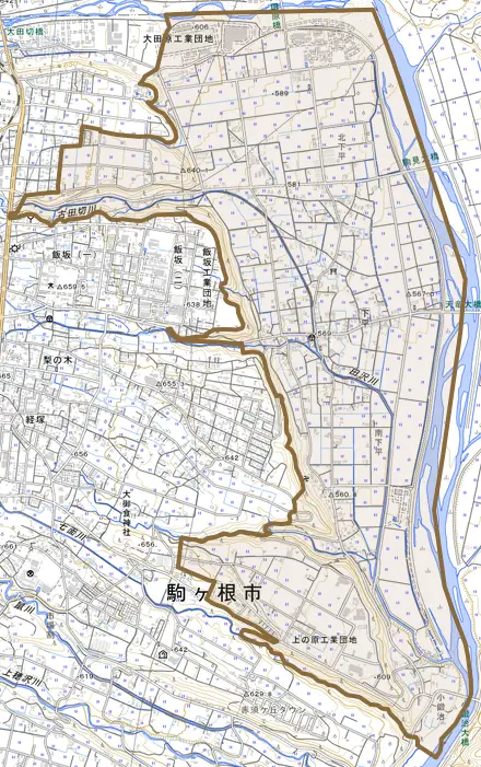 下平とその周辺の地図。町の範囲を重ねている