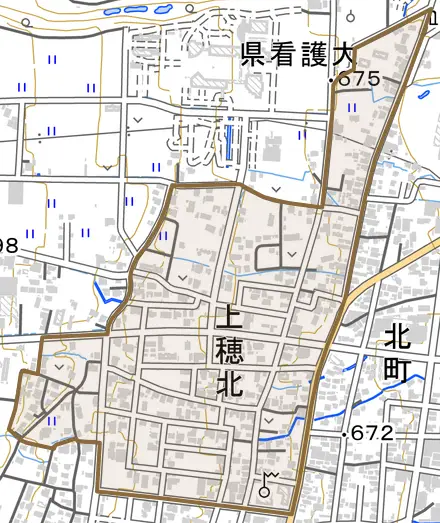 上穂北とその周辺の地図。町の範囲を重ねている