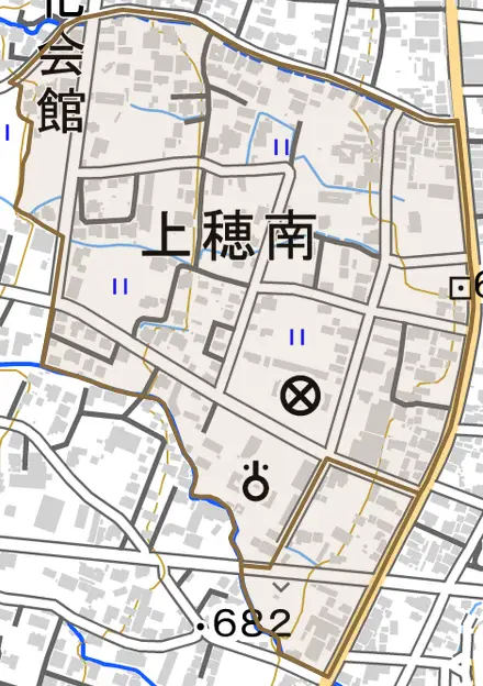 上穂南とその周辺の地図。町の範囲を重ねている