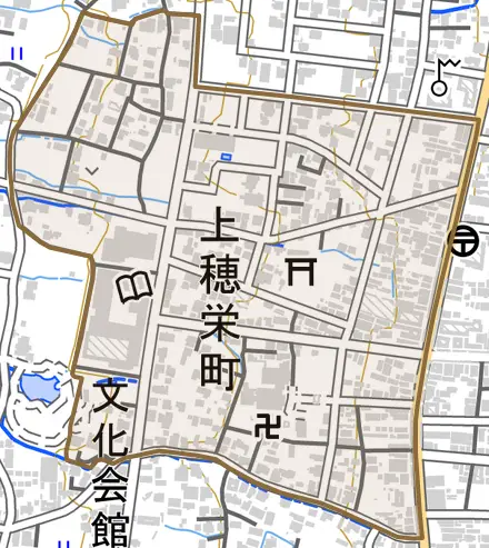 上穂栄町とその周辺の地図。町の範囲を重ねている